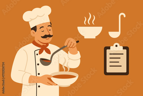 Chef's Soup Delight. Flat vector banner with chef serving soup and warm food icon set for bowl, ladle, steam lines and recipe