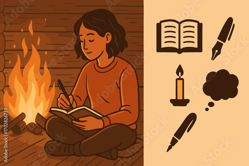 Journaling by Firelight. Wide vector layout with person journaling by firelight and reflection icon set for journal, fountain pen,