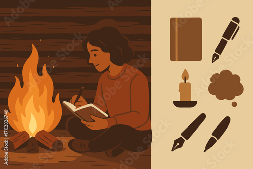 Journaling by Firelight. Wide vector layout with person journaling by firelight and reflection icon set for journal, fountain pen,
