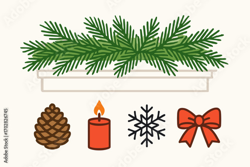 Festive Pine Mantel. Clean vector illustration of pine branches on mantel and seasonal icon set for pinecone, candle, snowflake