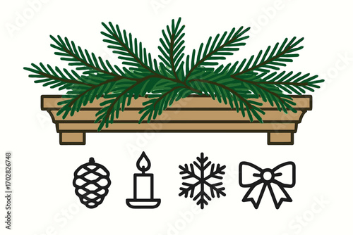 Festive Pine Mantel. Clean vector illustration of pine branches on mantel and seasonal icon set for pinecone, candle, snowflake