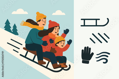 Family Winter Sledding. Flat vector illustration featuring family sledding down hill and winter activity icon set for sled, motion