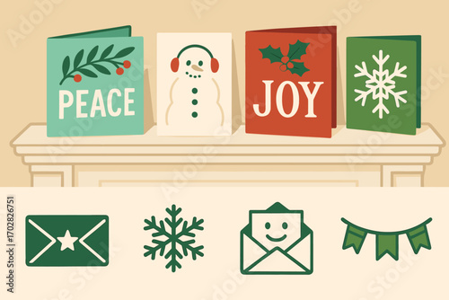 Holiday Cards Display. Illustrated banner of holiday cards on mantel and greetings icon set for envelope, snowflake, smile letter