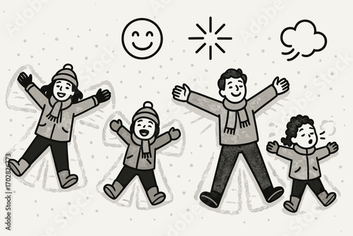 Joyful Snow Angels. Horizontal composition showing group making snow angels and joy icon set for snow print, spread arms, sparkle