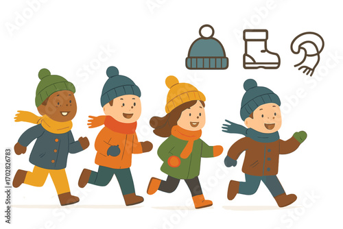 Winter Fun Kids. Vector strip showing kids bundled up and running in snow and winter gear icon set for coat, pom-pom hat, boots