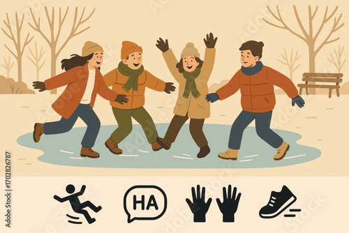 Frozen Fun Slide. Scene banner with friends sliding on frozen puddle and impromptu fun icon set for slip line, laugh bubble, hands