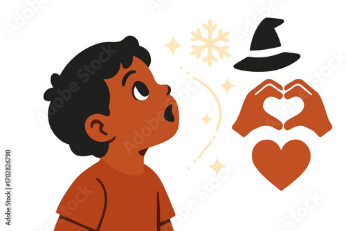 Magical Child's Wonder. Stylized flat vector of child looking up in awe and magical moment icon set for spark trail, flake, hat