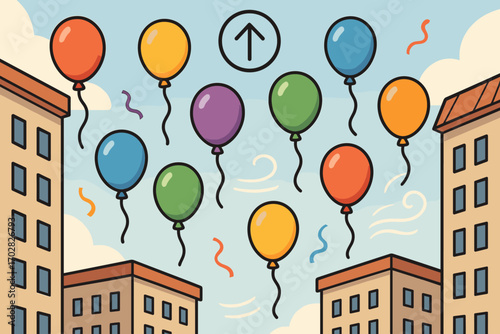 Balloons Floating Cityscape. Scene with balloons floating between buildings and elevation icon set for helium icons, building tops