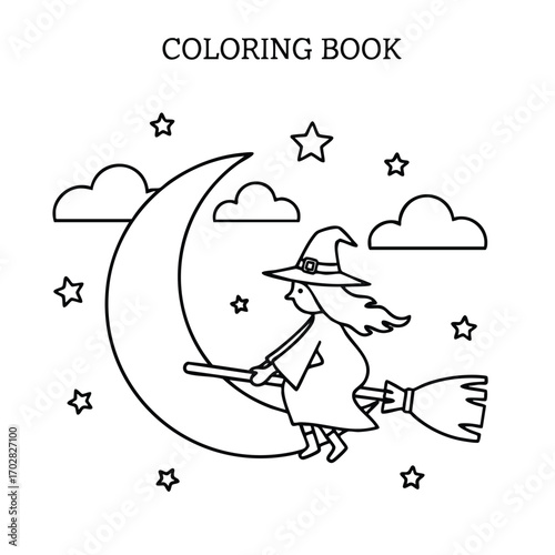 Black and white coloring book illustration of a witch flying on a broomstick past a crescent moon with stars and clouds