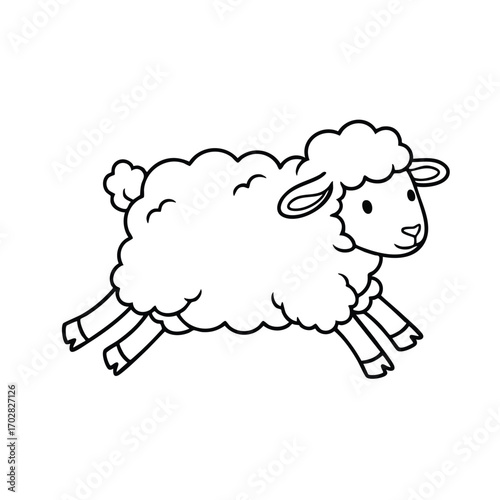 Illustration of a fluffy sheep with curly wool happily jumping in a simple black and white line art style