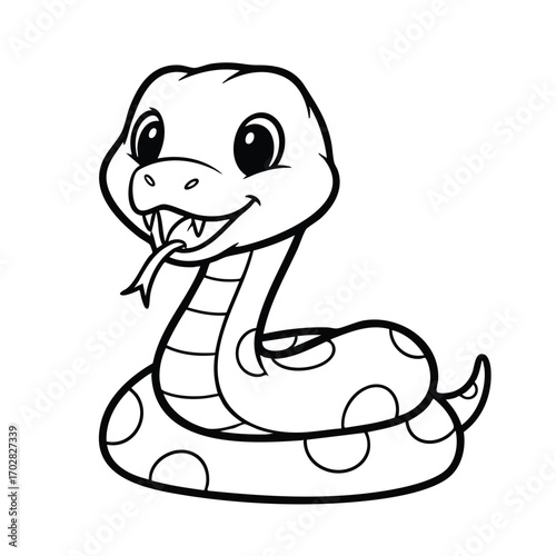 Cute cartoon snake with big eyes and tongue out coiled in a friendly and playful pose in black and white line art