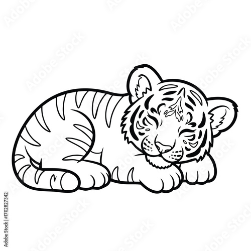 Illustration of a peaceful sleeping tiger cub with detailed stripes and soft rounded features in black and white