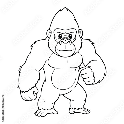 Illustration of a strong gorilla standing upright with clenched fists and a determined facial expression in black and white