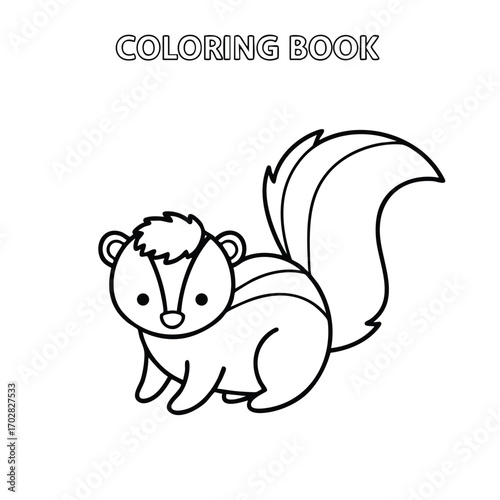 Cute cartoon chipmunk with bushy tail and stripes in a simple black and white coloring book style illustration