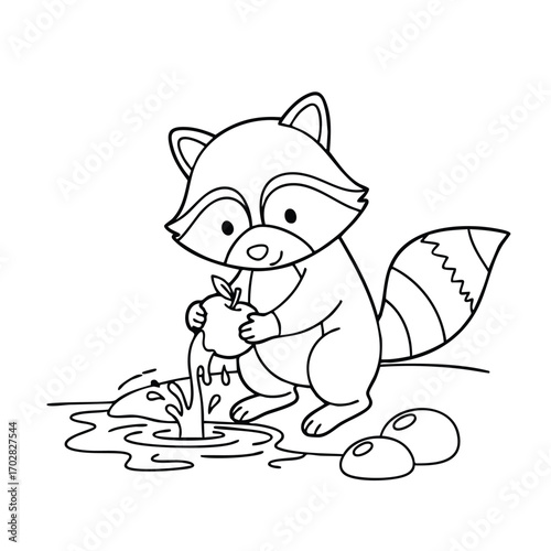 Cute cartoon raccoon squeezing juice from an into a puddle with stones nearby in a simple line art style