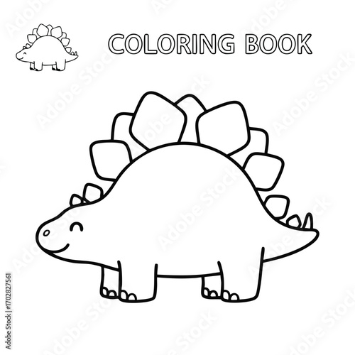 Cute smiling stegosaurus dinosaur outline drawing for children's coloring book with simple shapes and big plates