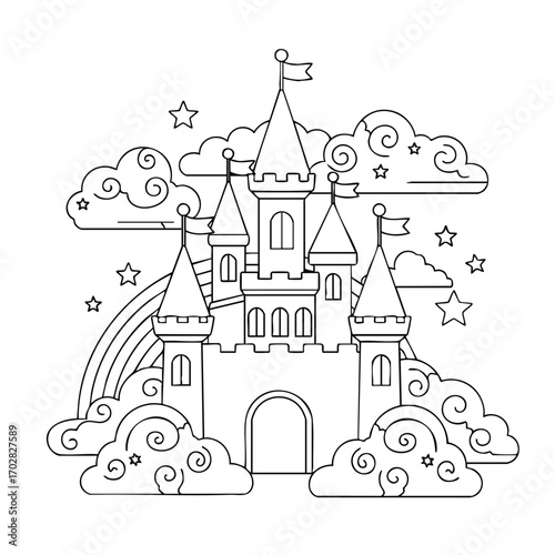 Black and white line art of a fantasy castle surrounded by clouds, stars, and a rainbow in a whimsical style