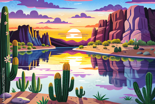 Western desert lake surrounded by cactus, sandstone cliffs and dramatic sunset reflection