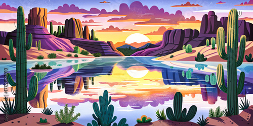 Western desert lake surrounded by cactus, sandstone cliffs and dramatic sunset reflection