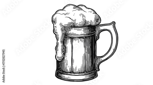 Vintage hand drawn illustration of a frothy beer mug overflowing with foam, showcasing classic pub drink style, brewery craft beer concept and retro engraving artwork aesthetic