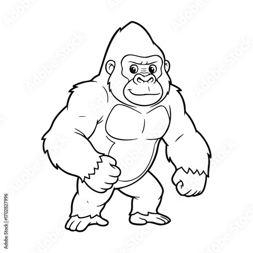 Black and white line drawing of a strong muscular gorilla standing with clenched fists and determined facial expression