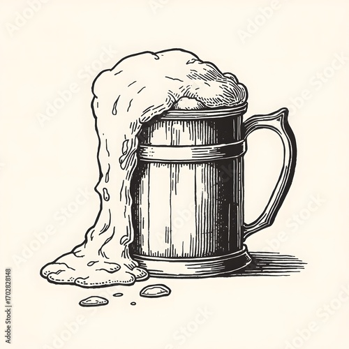 Vintage hand drawn illustration of a frothy beer mug overflowing with foam, showcasing classic pub drink style, brewery craft beer concept and retro engraving artwork aesthetic