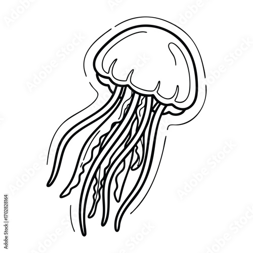 Black and white line drawing of a jellyfish with flowing tentacles and a rounded bell shape in a minimalist style