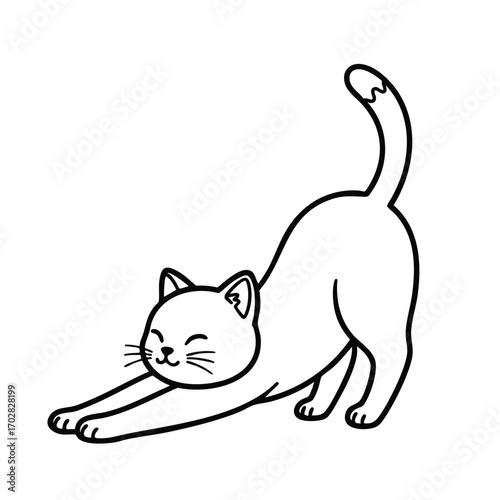 Black and white line drawing of a happy cat stretching with its tail raised and eyes closed in contentment