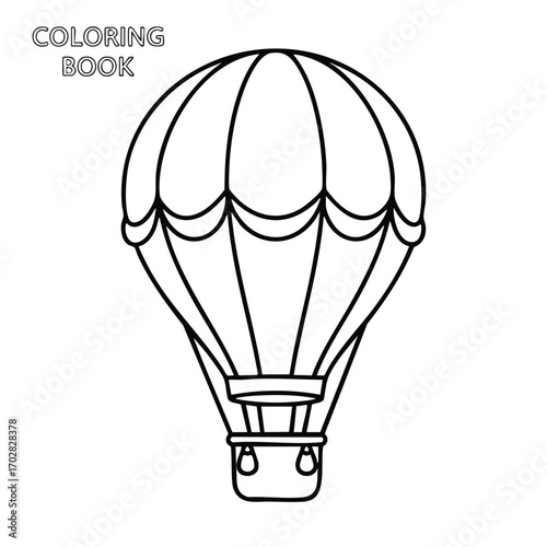 Black and white line art of a hot air balloon with detailed panels and basket for coloring book use