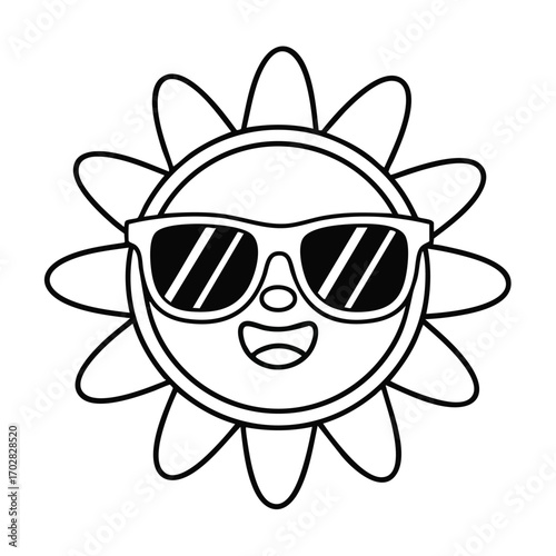 Black and white cartoon sun with smiling face wearing sunglasses and radiating rounded sun rays illustration