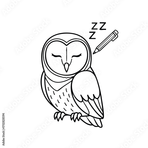Illustration of a peaceful sleeping owl with closed eyes and a pencil drawing zzz symbols above its head