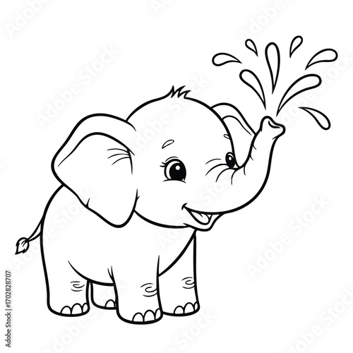 Cute cartoon baby elephant happily spraying water from its trunk in a playful and joyful black and white line art style