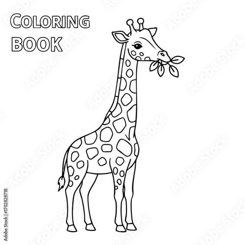 Black and white line drawing of a giraffe eating leaves designed for a children's coloring book page