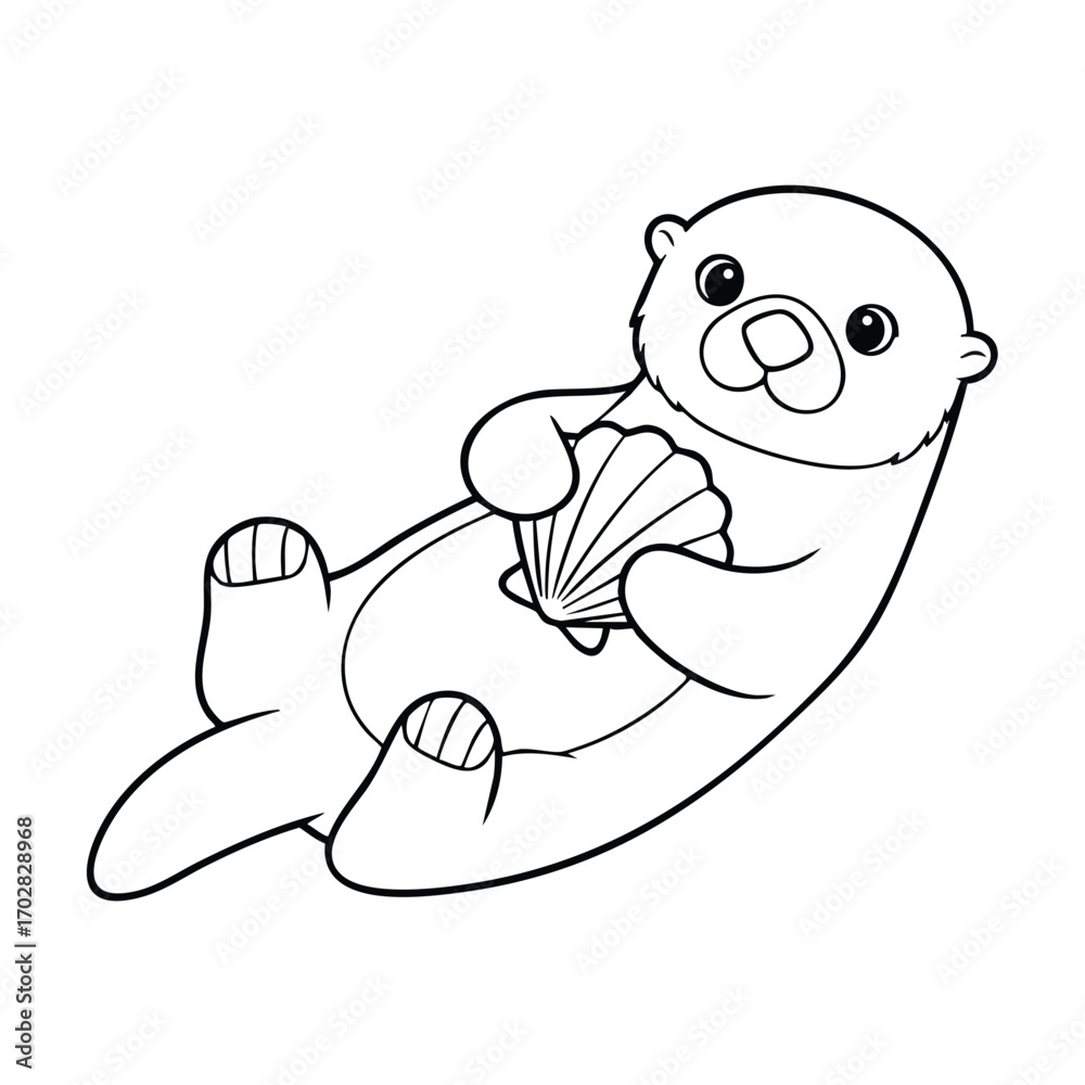Obraz premium Cute cartoon sea otter lying on its back holding a seashell with a happy and playful expression