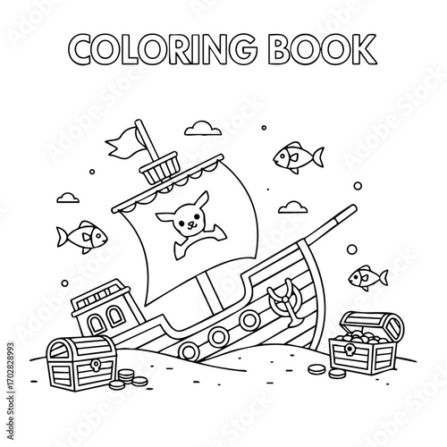 Black and white pirate shipwreck with treasure chests and fish underwater coloring book page for children