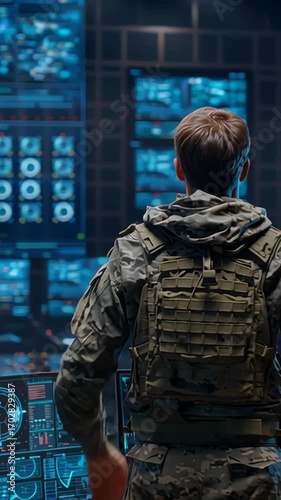 Wallpaper Mural Military analyst examining global data on expansive digital screen, navigating complex metrics within high tech command center surveillance environment Torontodigital.ca