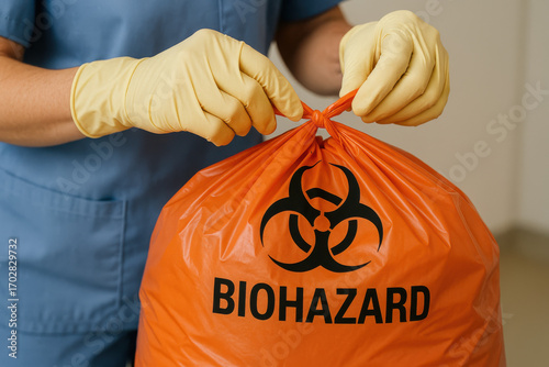 Biohazard Waste Handling: An image showcasing the careful process of handling biohazard waste, highlighting safety protocols in medical or laboratory settings.