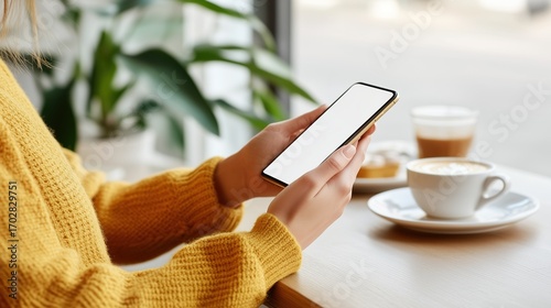 Close up of the woman hands dressed in a yellow sweater holding a phone with a white screen mockup and checking notifications while sitting in a cafe against the background of blurred coffee cups.