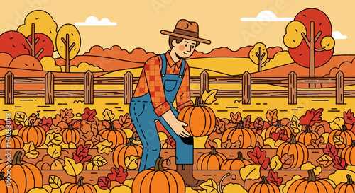 Harvest Time Illustration: Autumn Pumpkin Patch Scene for Children's Books, Educational Materials, and Seasonal Decorations Promoting Fall Activities