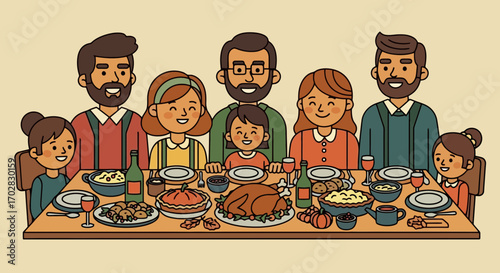 Cartoon Family Dinner Illustration, Perfect for Holiday Greeting Cards, Social Media Posts, and Educational Materials About Family and Traditions