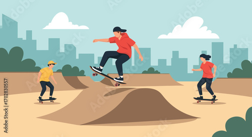 Dynamic Skateboard Park Illustration, Ideal for Youth Sports Websites, Educational Materials, and Skateboarding Promotion Campaigns