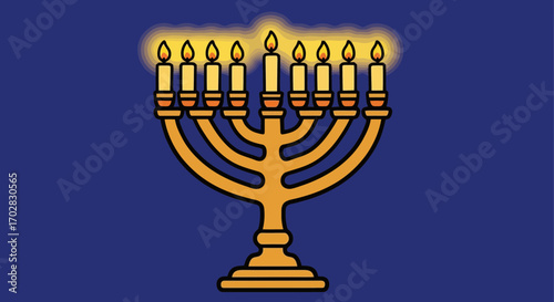Golden Hanukkah Menorah Illustration with Glowing Candles, Perfect for Holiday Greetings, Educational Materials, and Cultural Celebrations
