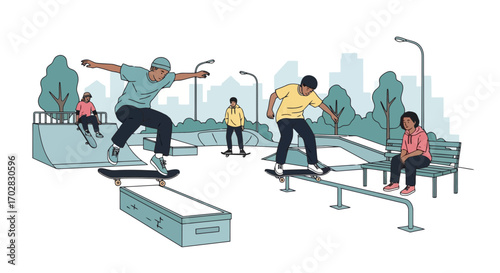 Dynamic Skateboarders in Urban Skate Park Illustration, Perfect for Sports Magazines, Youth-Oriented Websites, and Urban Culture Blogs About Skateboarding