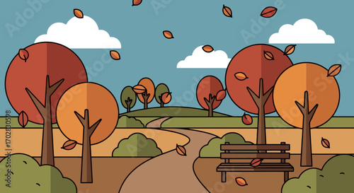 Autumnal Landscape Illustration with Falling Leaves, Perfect for Seasonal Greetings, Website Headers, and Nature-Themed Digital Content