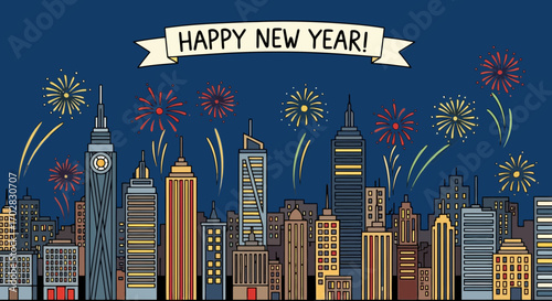 Cheerful New Year Celebration in a Stylized Cityscape, Perfect for Holiday Cards, Social Media Posts, and Festive Website Banners