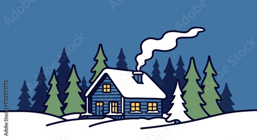 Cozy Winter Cabin Illustration with Snowy Landscape, Perfect for Holiday Cards, Wall Art, and Seasonal Decorations