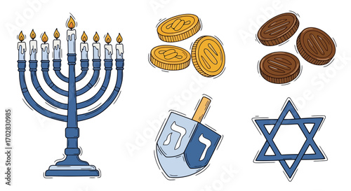 Festive Hanukkah Icons Illustration, Perfect for Holiday Cards, Educational Materials, and Jewish Cultural Celebrations, Ideal for Hanukkah-Themed Designs