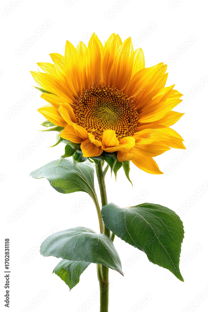 Obraz premium Close-up of a vibrant sunflower. Bright yellow petals, dark center. Green leaves, slender stem. Isolated against black