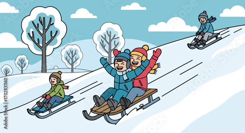 Cheerful Children Sledding Down a Snowy Hill Illustration, Perfect for Winter Activity Guides, Educational Material, and Holiday-Themed Storybooks