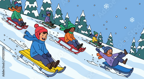 Diverse Children Sledding Downhill in a Snowy Winter Landscape Illustration, Ideal for Holiday Cards, Educational Resources, and Winter-Themed Decorations